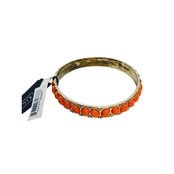 Pair Of Graziano Gold Tone Bangle Bracelets - Coral And White (6211) - Picture 3 of 6